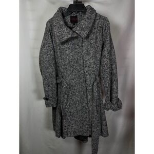 Yoki Womens Black White Tweed Trench Coat Belted Pea Coat Jacket Size L